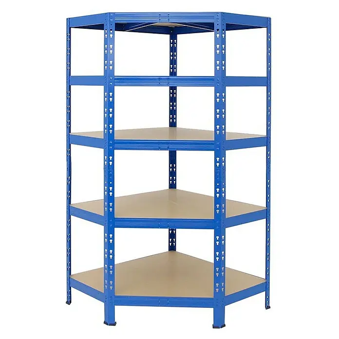 Proregal Eckregal Mega Deal + 2x Schwerlastregal Tiger - Traglast pro Boden: 175 kg, Anzahl Böden: 5 Stk., Stecken, Blau - Eckregal mit fünf Böden und blauem Metallrahmen. Ideal zur platzsparenden Aufbewahrung in Ecken.