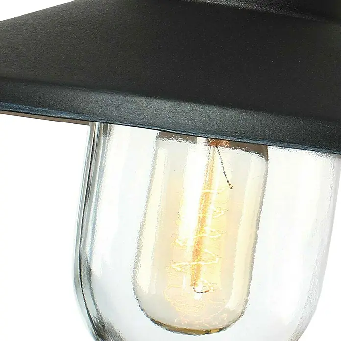 Elstead Außenwandleuchte Klampenborg - 60 W, 31,8 x 31,8 x 31,8 cm, Black, IP44 - Nahaufnahme einer eleganten schwarzen Aussenleuchte mit einer warmen, bernsteinfarbenen Edison-Glühbirne.