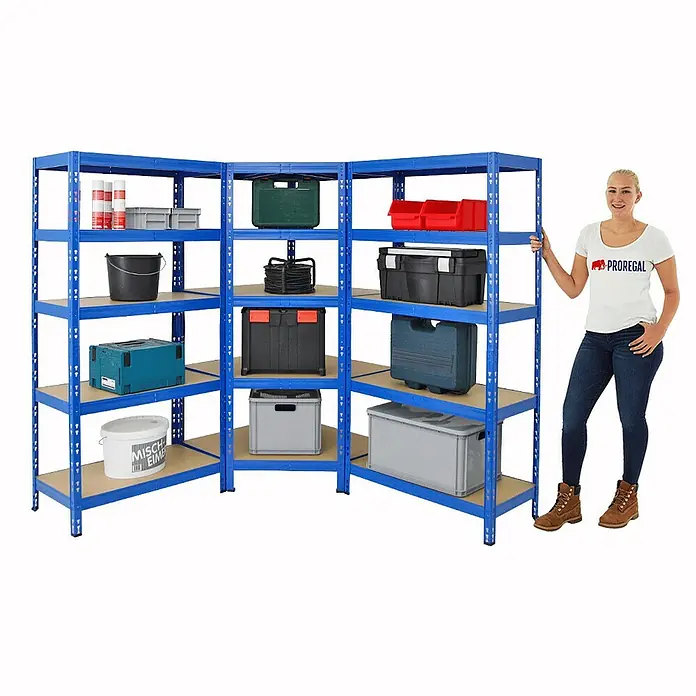 Proregal Eckregal Mega Deal + 2x Schwerlastregal Tiger - Traglast pro Boden: 175 kg, Anzahl Böden: 5 Stk., Stecken, Blau - Blaues Eckregal mit verschiedenen Boxen auf den Regalböden, ideal für Lagerung und Organisation in Werkstatt oder Garage.
