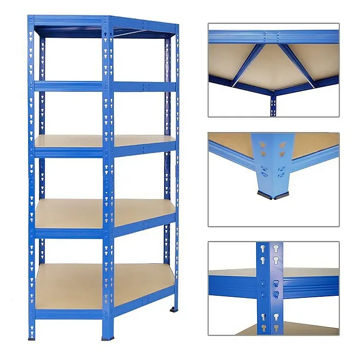 Proregal Eckregal Mega Deal + 2x Schwerlastregal Tiger - Traglast pro Boden: 175 kg, Anzahl Böden: 5 Stk., Stecken, Blau - Ein blaues Schwerlastregal mit fünf Regalböden, ideal für Lagerung und Organisation in Werkstatt oder Garage. Stabil und einfach zu montieren.