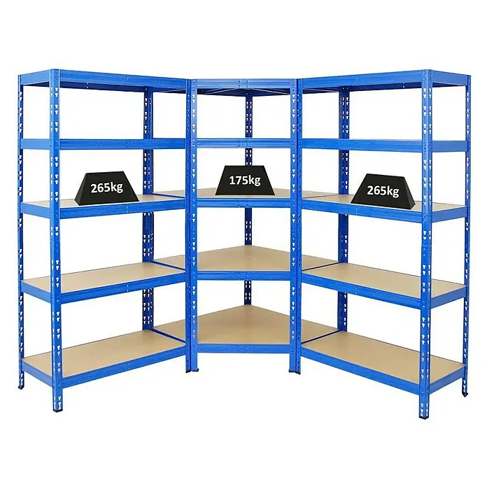 Proregal Eckregal Mega Deal + 2x Schwerlastregal Tiger - Traglast pro Boden: 175 kg, Anzahl Böden: 5 Stk., Stecken, Blau - Eckregal aus blauem Metall mit Regalböden, auf denen Gewichte von 175kg und 265kg platziert sind. Ideal für Lagerung und Organisation.