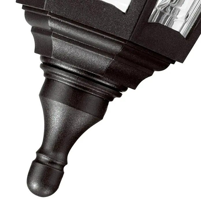 Elstead Pendelleuchte Kinsale - 60 W, Farbe Gehäuse: Schwarz, 23 x 23 x 63,5 cm, Ohne Leuchtmittel - Detailaufnahme einer eleganten, schwarzen Außenleuchte. Das Design kombiniert klassische und moderne Elemente.