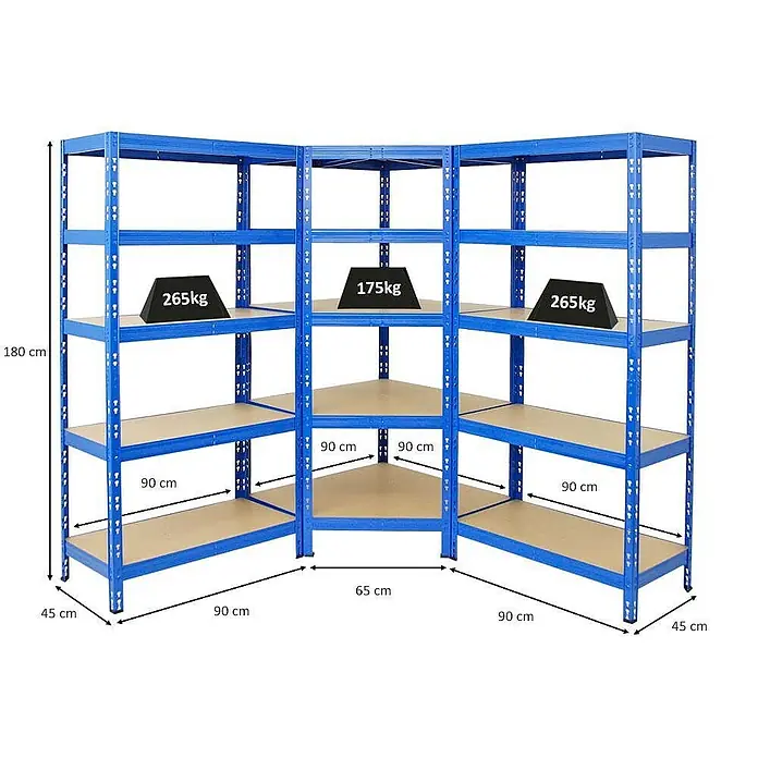 Proregal Eckregal Mega Deal + 2x Schwerlastregal Tiger - Traglast pro Boden: 175 kg, Anzahl Böden: 5 Stk., Stecken, Blau - Abbildung eines blauen Eckregalsystems mit fünf Ebenen, belastet mit Gewichten von 175 kg und 265 kg zur Veranschaulichung der Tragkraft.
