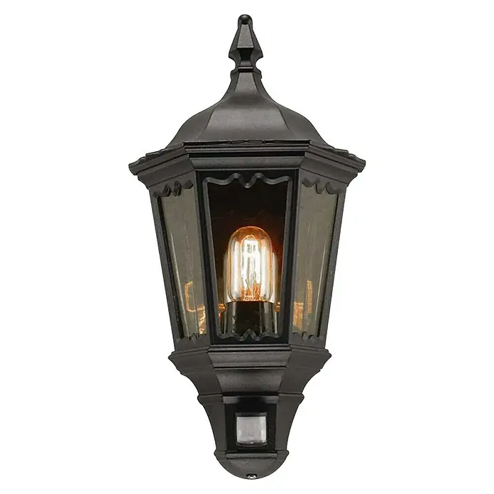 Elstead Außenwandleuchte Medstead - 60 W, 14 x 49,5 x 49,5 cm, Schwarz, IP44, Mit Bewegungsmelder - Wandleuchte im Laternenstil in Schwarz. Diese elegante Leuchte verfügt über ein klares Design und integrierten Bewegungsmelder.