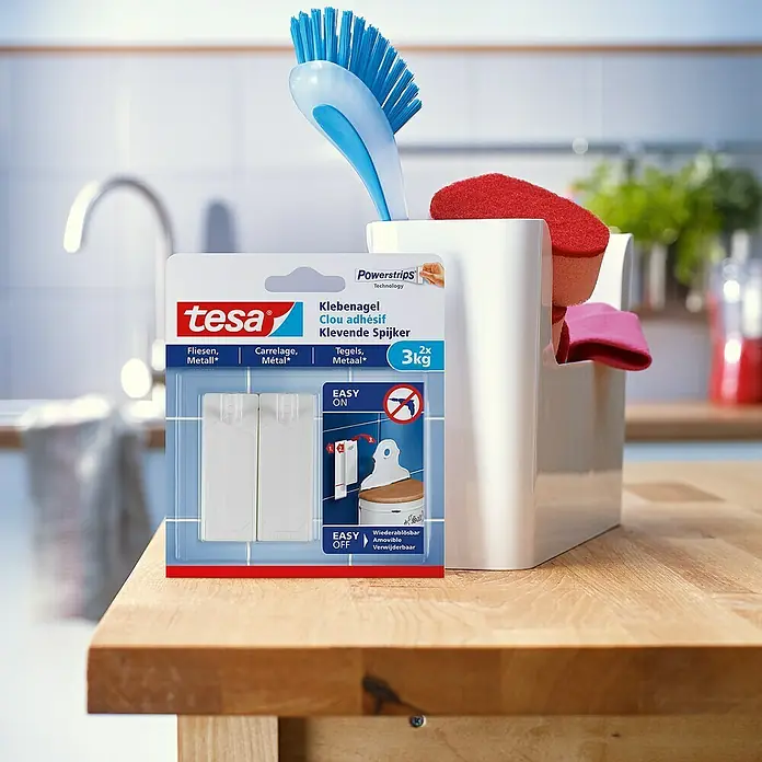 Tesa Klebenagel - Geeignet für: Fliesen, Belastbarkeit: 3 kg, 2 Stk., Weiß - Tesa Klebenägel für Fliesen und Metall. Ideal zum Aufhängen von Gegenständen bis zu 3 kg, einfach anzubringen und wieder ablösbar.