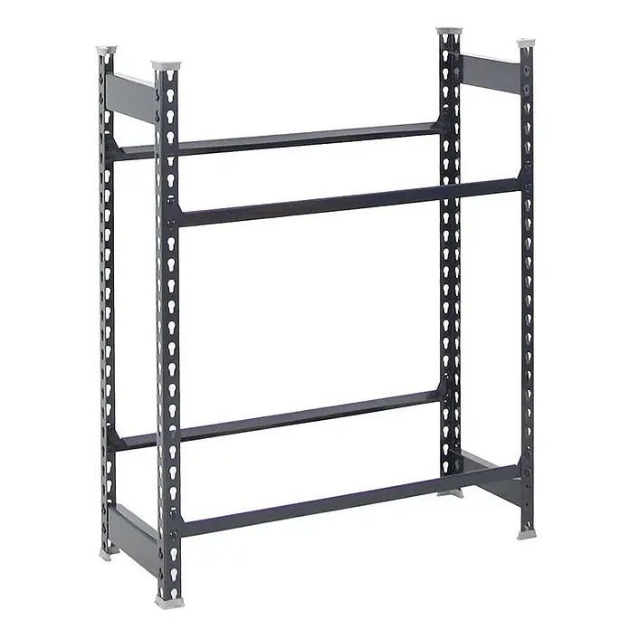 Proregal Getränkekistenregal CAMEL - H x B x T: 100 x 80 x 30 cm, Traglast pro Boden: 100 kg, Anzahl Böden: 2 Stk., Stecken, Schwarz - Produktabbildung eines stabilen, grauen Schwerlastregals mit drei Ebenen und Lochblechstruktur für hohe Flexibilität.