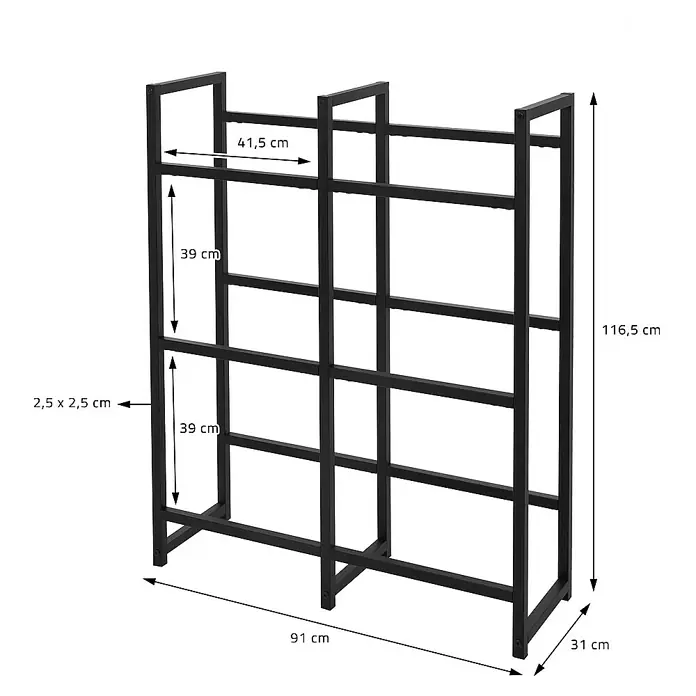 ML-Design Getränkekistenregal Kastenständer für 6 Kisten stabiles Standregal freistehend Stahl - H x B x T: 116,5 x 31 x 31 cm, Traglast pro Boden: 150 kg, Anzahl Böden: 6 Stk., Stecken, Anthrazit - Eine Abbildung eines schwarzen Bücherregals mit seinen Abmessungen, um seine Größe und sein Design zu veranschaulichen.