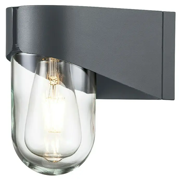 Elstead Außenwandleuchte Porto - 60 W, 18,5 x 18,8 x 18,8 cm, Grau, IP44 - Eine graue Außenwandleuchte mit einer klaren Glasabdeckung, die eine Edison-Glühbirne zeigt, die ein warmes Licht ausstrahlt.