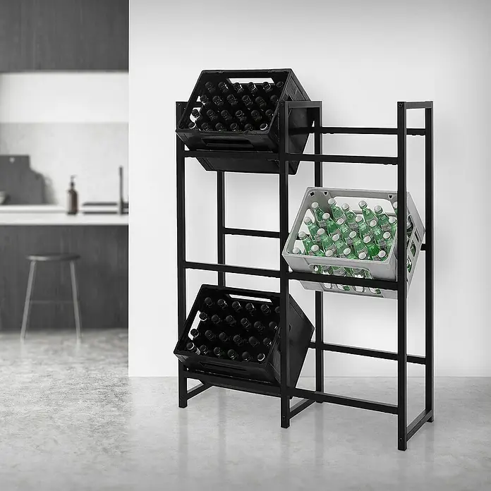ML-Design Getränkekistenregal Kastenständer für 6 Kisten stabiles Standregal freistehend Stahl - H x B x T: 116,5 x 31 x 31 cm, Traglast pro Boden: 150 kg, Anzahl Böden: 6 Stk., Stecken, Anthrazit - Schwarzes und graues Regal mit Getränkekisten, das eine stilvolle und funktionale Aufbewahrungslösung für Getränke bietet.