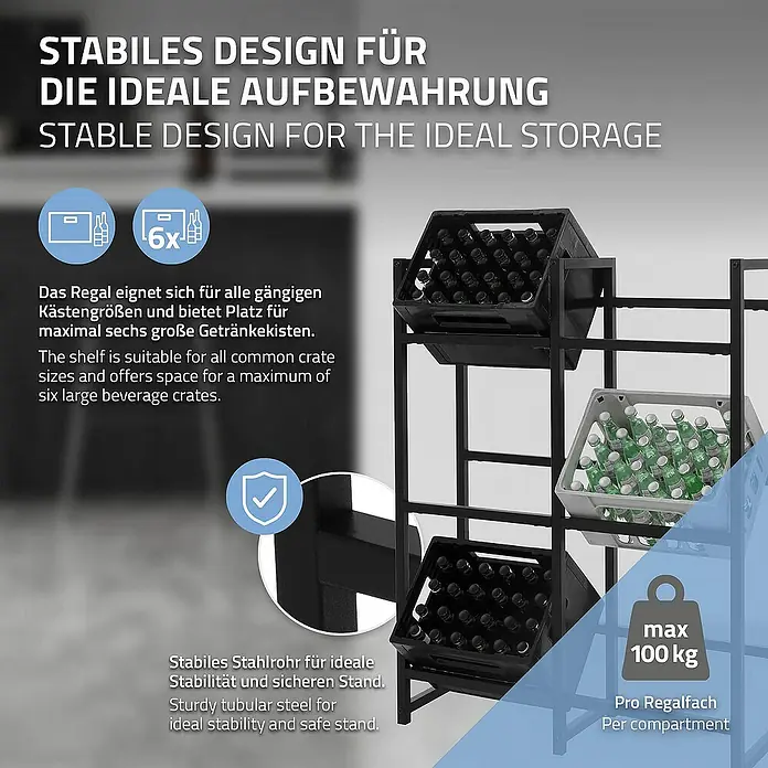 ML-Design Getränkekistenregal Kastenständer für 6 Kisten stabiles Standregal freistehend Stahl - H x B x T: 116,5 x 31 x 31 cm, Traglast pro Boden: 150 kg, Anzahl Böden: 6 Stk., Stecken, Anthrazit - Getränkeregal für die ideale Aufbewahrung von bis zu sechs großen Getränkekisten, stabiles Design aus Stahlrohr für sicheren Stand.