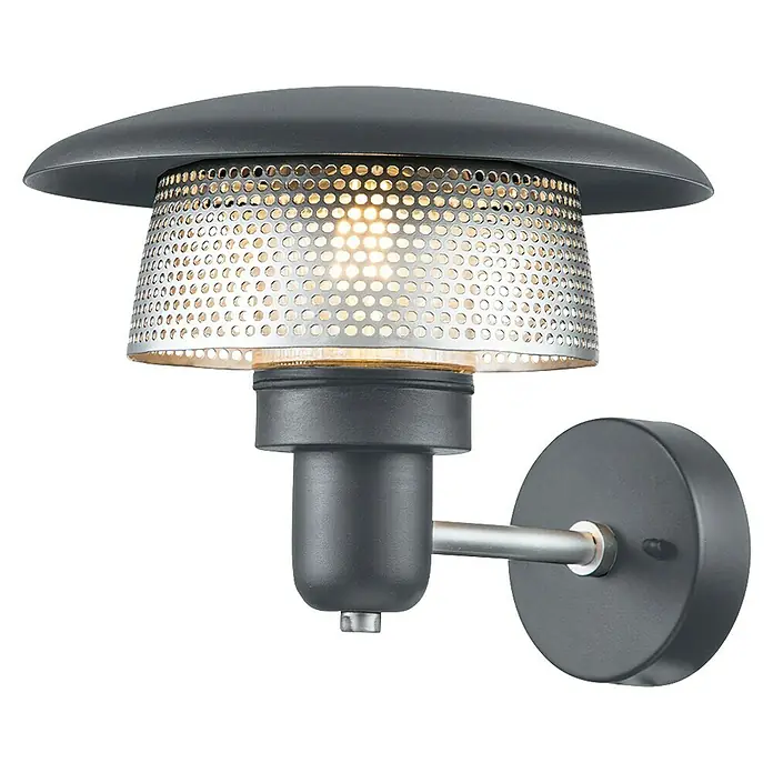 Elstead Außenwandleuchte Saturne - 60 W, 29,5 x 22,1 x 22,1 cm, Grau, IP44 - Eine moderne Außenwandleuchte mit einem perforierten Schirm und einer robusten, dunklen Halterung. Sie bietet stilvolle Beleuchtung für den Außenbereich.