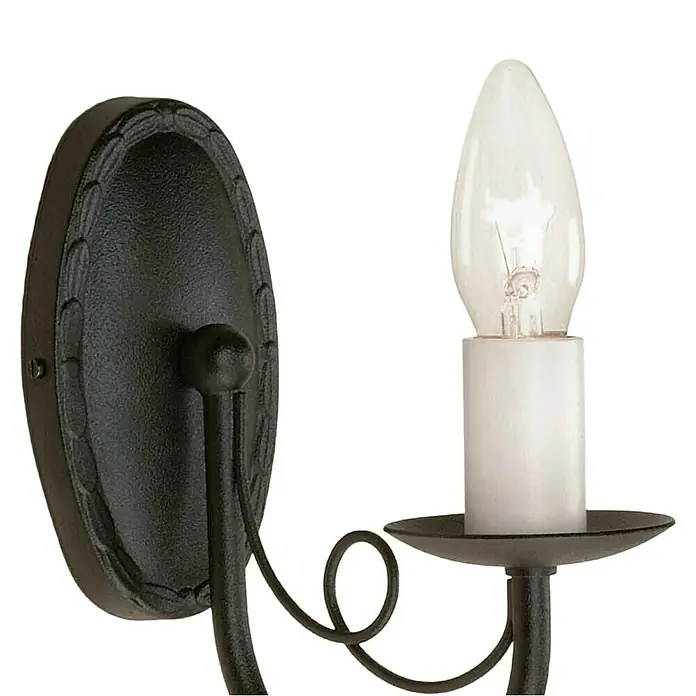 Elstead Wandleuchte Minster - 60 W, L x B x H: 17,5 x 8,5 x 19 cm, Schwarz, E14, Anzahl Leuchtmittel: 1 Stk. - Nahaufnahme einer Wandleuchte mit geschwungenem Design und einer Glühbirne in Kerzenform, ideal für stimmungsvolle Beleuchtung.