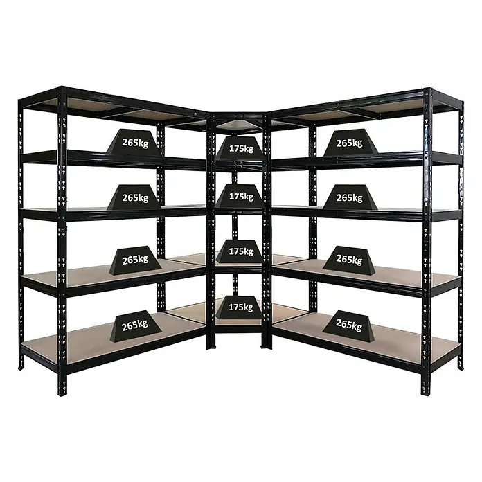 Proregal Eckregal Mega Deal + 2x Schwerlastregal Tiger - Traglast pro Boden: 175 kg, Anzahl Böden: 5 Stk., Stecken, Schwarz - Eckregal aus Metall mit schwarzem Rahmen und Holzregalböden, belastet mit Gewichten. Das Eckregal bietet viel Stauraum für schwere Gegenstände.