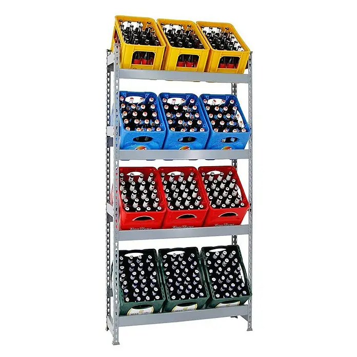 Proregal Getränkekistenregal HIGH BIG CAMEL - H x B x T: 200 x 100 x 30 cm, Traglast pro Boden: 100 kg, Anzahl Böden: 4 Stk., Stecken, Grau - Regal mit Bierkästen in gelb, blau, rot und grün. Die Kästen sind mit vollen Bierflaschen gefüllt und ordentlich gestapelt.