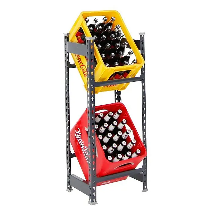 Proregal Getränkekistenregal CAMEL - Traglast pro Boden: 100 kg, Anzahl Böden: 2 Stk., Stecken, Schwarz - Getränke-Regal mit gelber Coca-Cola-Kiste und roter König Pilsener-Kiste, beide voll mit Flaschen, auf einem robusten grauen Metallgestell.