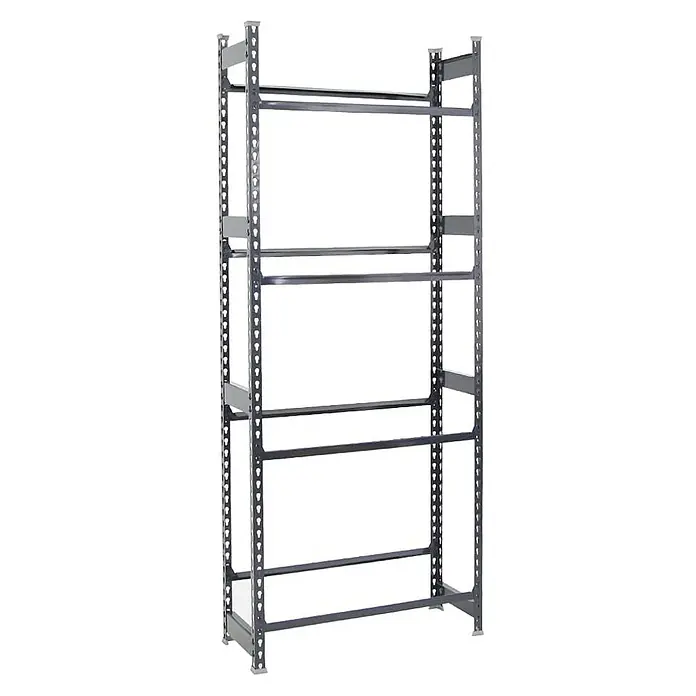 Proregal Getränkekistenregal HIGH BIG CAMEL - Traglast pro Boden: 100 kg, Anzahl Böden: 4 Stk., Stecken, Schwarz - Ein leeres, graues Lagerregal mit vier Ebenen und Lochstruktur, ideal zur Aufbewahrung und Organisation verschiedener Gegenstände im Lager oder Keller.