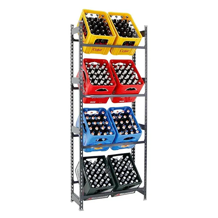 Proregal Getränkekistenregal HIGH BIG CAMEL - Traglast pro Boden: 100 kg, Anzahl Böden: 4 Stk., Stecken, Schwarz - Gestell mit farbigen Getränkekisten, voll mit Flaschen. Praktische und platzsparende Lagerung von Getränken aller Art.