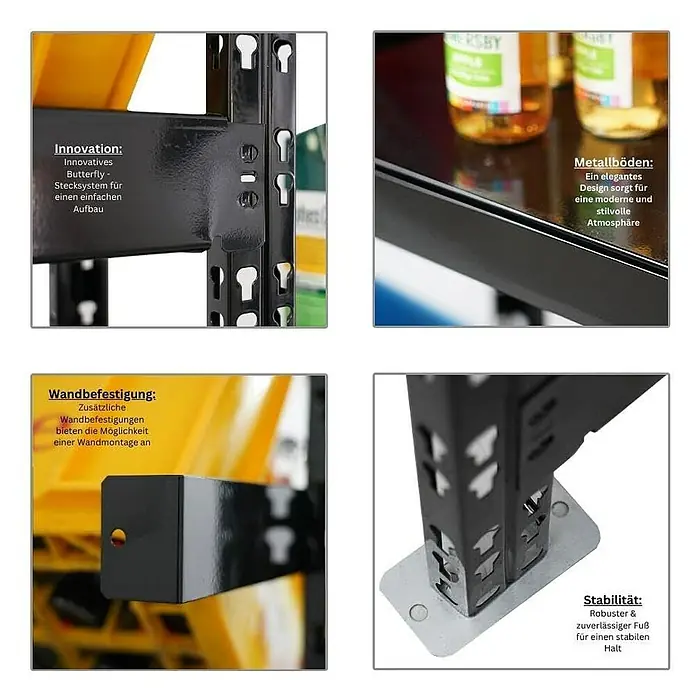 Proregal Getränkekistenregal GARDASEE - Traglast pro Boden: 150 kg, Anzahl Böden: 8 Stk., Stecken, Schwarz - Produktdetails: Regalsystem mit innovativem Stecksystem, Metallböden, Wandbefestigung und robustem Fuß für stabilen Halt.