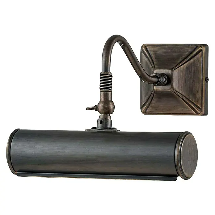 Elstead LED-Bilderleuchte - 40 W, L x B x H: 20 x 19 x 13,5 cm, Dark Bronze - Nahaufnahme einer stilvollen bronzefarbenen Bilderleuchte mit verstellbarem Arm und quadratischer Wandhalterung.