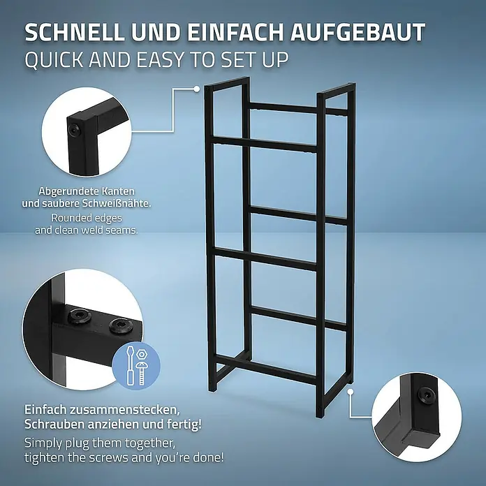 ML-Design Getränkekistenregal Kastenständer für 3 Kisten stabiles Standregal freistehend Stahl - H x B x T: 116,5 x 31 x 31 cm, Traglast pro Boden: 150 kg, Anzahl Böden: 3 Stk., Stecken, Anthrazit - Produktbild eines schwarzen Metallregals, das schnell und einfach aufzubauen ist, mit abgerundeten Kanten und sauberen Schweißnähten.