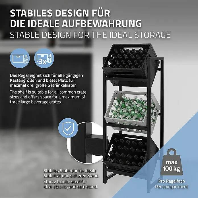 ML-Design Getränkekistenregal Kastenständer für 3 Kisten stabiles Standregal freistehend Stahl - H x B x T: 116,5 x 31 x 31 cm, Traglast pro Boden: 150 kg, Anzahl Böden: 3 Stk., Stecken, Anthrazit - Getränkekistenregal mit drei Fächern zur idealen Aufbewahrung von Getränkekisten.