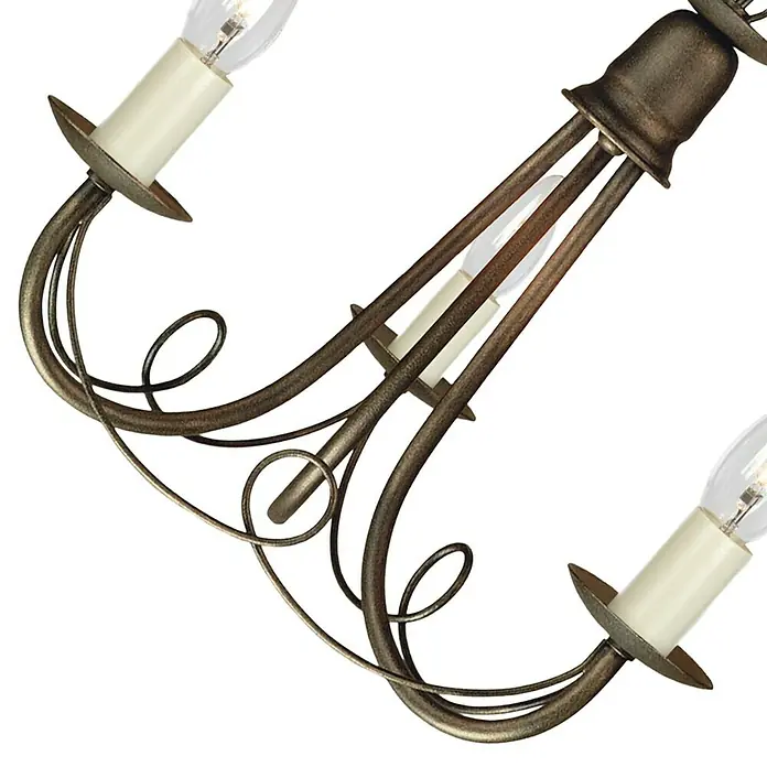 Elstead Pendelleuchte Minster - 60 W, L x B x H: 37 x 37 x 34,5 cm, Schwarz/ Gold, E14 - Detailaufnahme einer dekorativen, bronzefarbenen Deckenleuchte mit elegant geschwungenen Armen und sanft leuchtenden Glühbirnen.