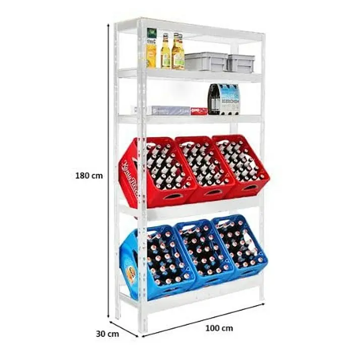 Proregal Getränkekistenregal BODENSEE - Traglast pro Boden: 150 kg, Anzahl Böden: 5 Stk., Stecken, Weiß - Regal mit Getränkekisten und anderen Produkten. Die Maße des Regals sind 180 cm Höhe, 100 cm Breite und 30 cm Tiefe.