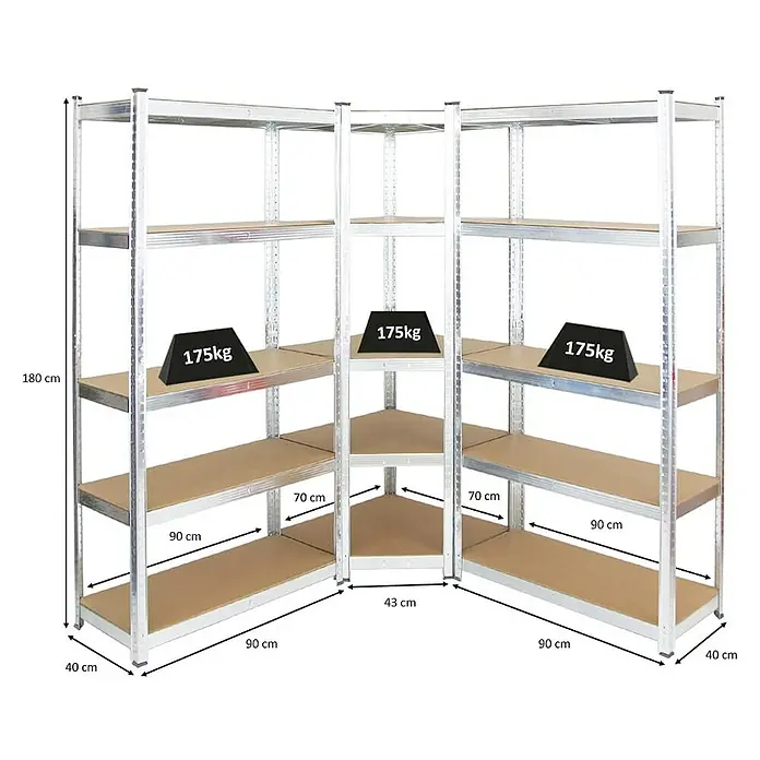 Proregal Eckregal Mega Deal Ragnar - Traglast pro Boden: 175 kg, Anzahl Böden: 5 Stk., Stecken, Verzinkt - Ein Eckregal mit mehreren Regalböden und Gewichtsangaben. Ideal zur optimalen Nutzung von Ecken und zur Lagerung schwerer Gegenstände.
