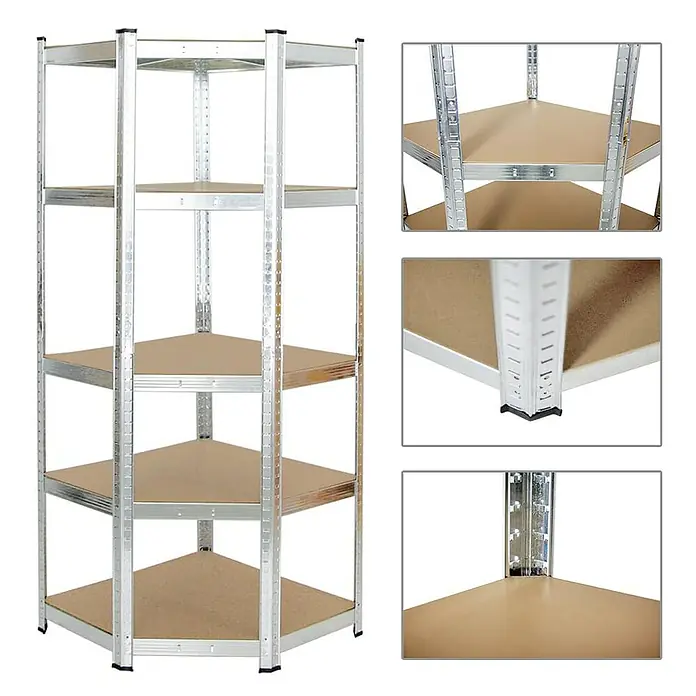 Proregal Eckregal Mega Deal Ragnar - Traglast pro Boden: 175 kg, Anzahl Böden: 5 Stk., Stecken, Verzinkt - Eckregal mit fünf Regalböden. Das Regal besteht aus Metall und Holz und ist ideal für die Ecke.