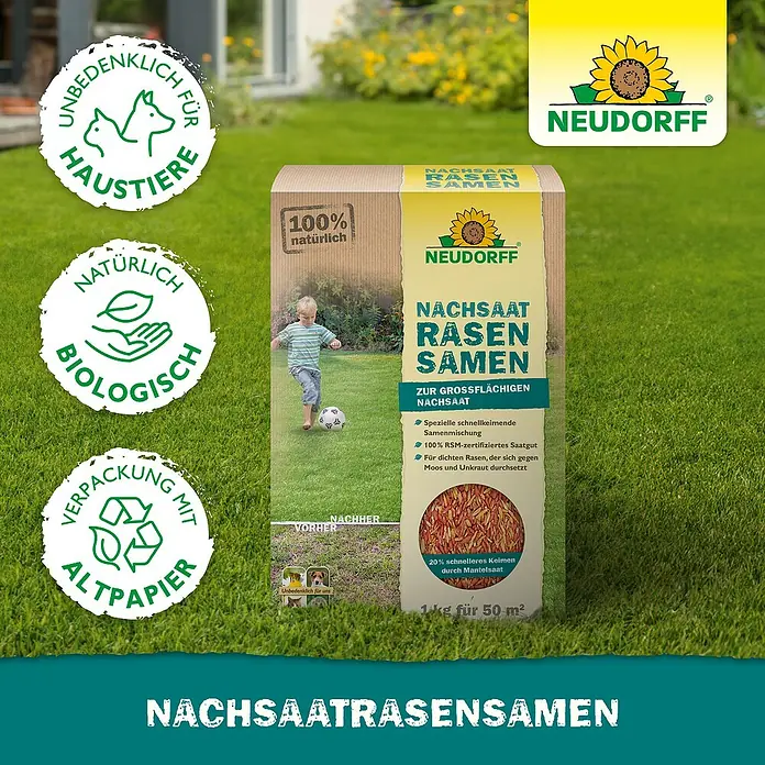 Neudorff Nachsaat-Rasen - 1 kg, 50 m² - Bild von Neudorff Nachsaatrasensamen, einer Rasensamenmischung für die großflächige Nachsaat, mit Hinweisen auf Haustierfreundlichkeit und Bio-Qualität.