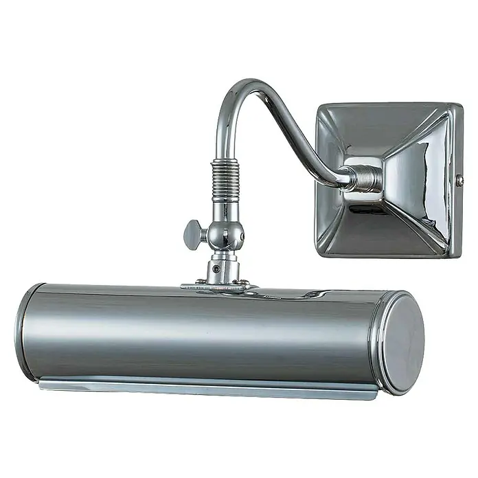 Elstead LED-Bilderleuchte - 40 W, L x B x H: 20 x 19 x 13,5 cm, Chrom - Nahaufnahme einer silbernen Bilderleuchte mit verstellbarem Arm und quadratischer Wandhalterung vor schwarzem Hintergrund.