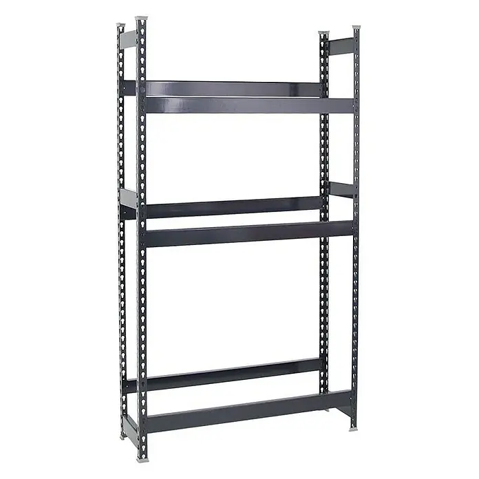 Proregal Getränkekistenregal BIG CAMEL - Traglast pro Boden: 100 kg, Anzahl Böden: 3 Stk., Stecken, Schwarz - Ein graues Metallregal mit drei Ebenen zur Lagerung von Gegenständen im Lager oder Keller. Das Regal ist stabil und leicht aufzubauen.