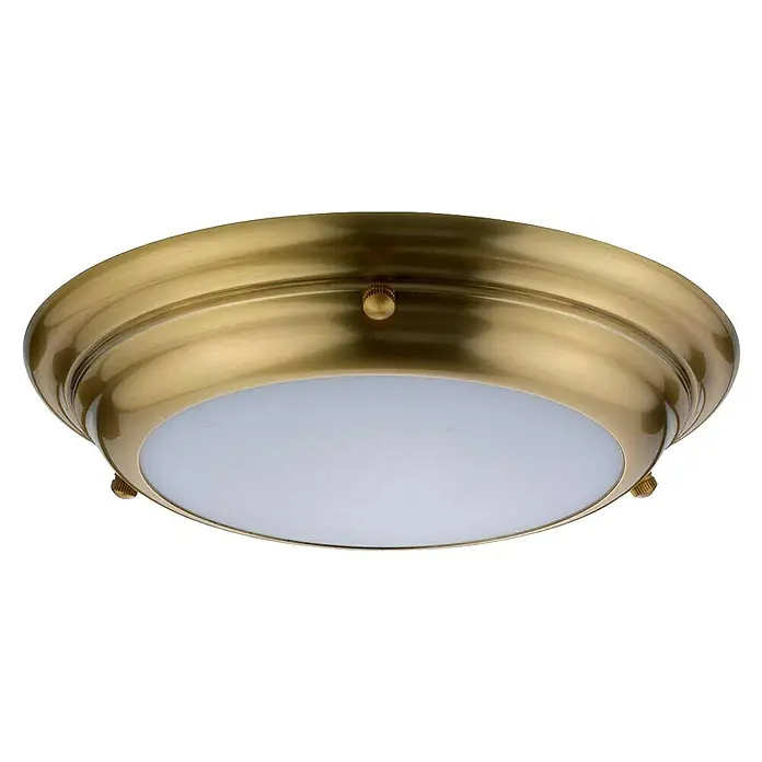 Elstead LED-Deckenleuchte Welland - 12 W, L x B x H: 24,5 x 24,5 x 4,8 cm, Altmessing, Warmweiß - Nahaufnahme einer eleganten, runden Deckenleuchte mit goldfarbenem Rahmen und milchigem Glasdiffusor, ideal für stilvolle Innenräume.