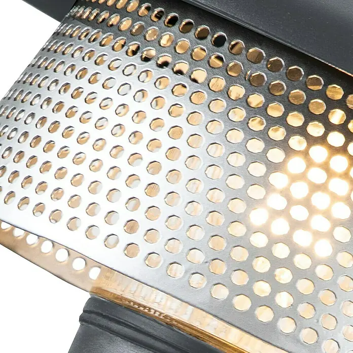 Elstead Außenwandleuchte Saturne - 60 W, 29,5 x 22,1 x 22,1 cm, Grau, IP44 - Nahaufnahme einer Lampe mit gelochtem Metallschirm, der ein warmes, diffuses Licht erzeugt.\n