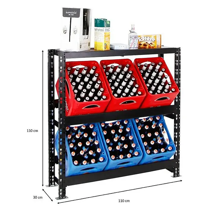 Proregal Getränkekistenregal Tegernsee XL - Traglast pro Boden: 100 kg, Anzahl Böden: 2 Stk., Stecken, Schwarz - Abbildung eines Lagerregals mit Getränkekästen und verschiedenen Produkten auf den oberen Regalböden, mit Maßangaben versehen.