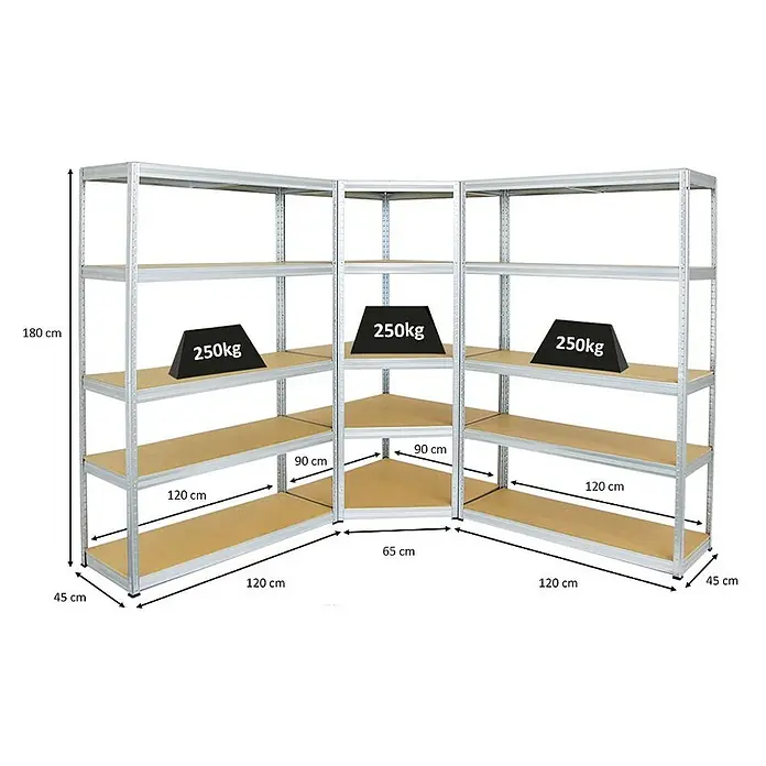 Proregal Eckregal Mega Deal + 2x Schwerlastregal Big Elephant S - Traglast pro Boden: 250 kg, Anzahl Böden: 5 Stk., Stecken, Verzinkt - Das Bild zeigt ein Eckregalsystem aus Metall mit vier Regalböden, die jeweils mit 250 kg belastet sind. Die Maße sind angegeben.