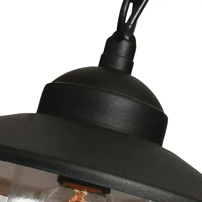 Elstead Pendelleuchte Klampenborg - 60 W, L x B x H: 27,5 x 27,5 x 36 cm, Schwarz, E27 - Nahaufnahme einer schwarzen Außenleuchte mit klarem Glas und einer warm leuchtenden Glühbirne, die eine gemütliche Atmosphäre verspricht.