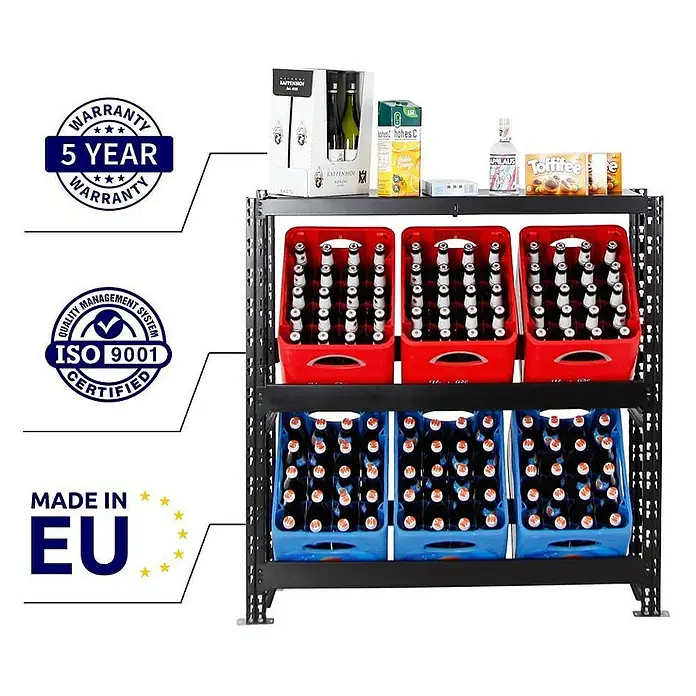 Proregal Getränkekistenregal Tegernsee XL - Traglast pro Boden: 100 kg, Anzahl Böden: 2 Stk., Stecken, Schwarz - Produktregal mit Getränken und Qualitätszertifikaten.