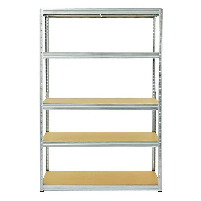 Proregal Eckregal Mega Deal + 2x Schwerlastregal Big Elephant S - Traglast pro Boden: 250 kg, Anzahl Böden: 5 Stk., Stecken, Verzinkt - Dieses Bild zeigt ein Regal mit Metallrahmen und Holzböden. Das Regal hat fünf Regalböden und einen silbernen Rahmen.