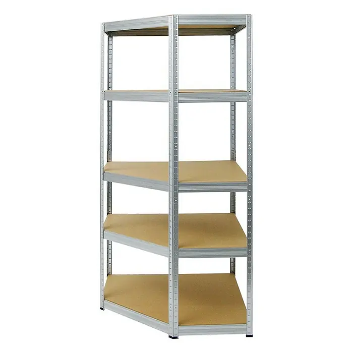 Proregal Eckregal Mega Deal + 2x Schwerlastregal Big Elephant S - Traglast pro Boden: 250 kg, Anzahl Böden: 5 Stk., Stecken, Verzinkt - Ein robustes Metallregal mit fünf Regalböden, ideal für Lagerung und Organisation. Das Regal ist stabil und einfach zu montieren.