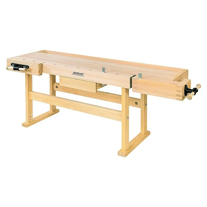 Ramia Hobelbank Premium 1 - L x B: 2.120 x 760 mm, Arbeitshöhe: 860 mm, Holz - Ein massiver Holzarbeitstisch mit Spannstöcken an beiden Enden, ideal für Holzarbeiten und Heimwerkerprojekte.