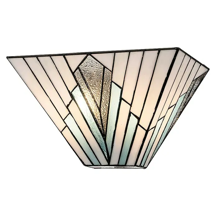Elstead Alderley Wandleuchte Tiffany - 40 W, L x B x H: 15,2 x 30,5 x 17,3 cm, Braun, Beige, E14 - Nahaufnahme einer Tiffany-Stil Wandleuchte mit geometrischem Design in Weiß, Blau und klarem Texturglas.