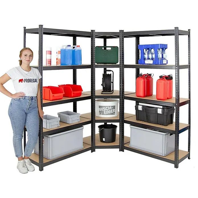 Proregal Eckregal Mega Deal Ragnar - H x B x T: 180 x 70 x 160 cm, Traglast pro Boden: 175 kg, Anzahl Böden: 5 Stk., Stecken, Schwarz - Das Eckregal mit viel Stauraum bietet viel Platz für Werkzeug, Kisten und Behälter. Perfekt für Garage und Werkstatt.
