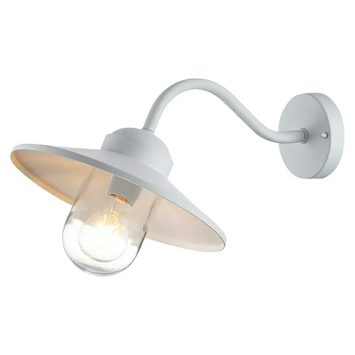 Elstead Außenwandleuchte Klampenborg - 60 W, 31,8 x 31,8 x 31,8 cm, Weiß, IP44 - Nahaufnahme einer weißen Wandleuchte mit klarem Lampenschirm, die ein warmes Licht ausstrahlt und einen modernen Touch verleiht.