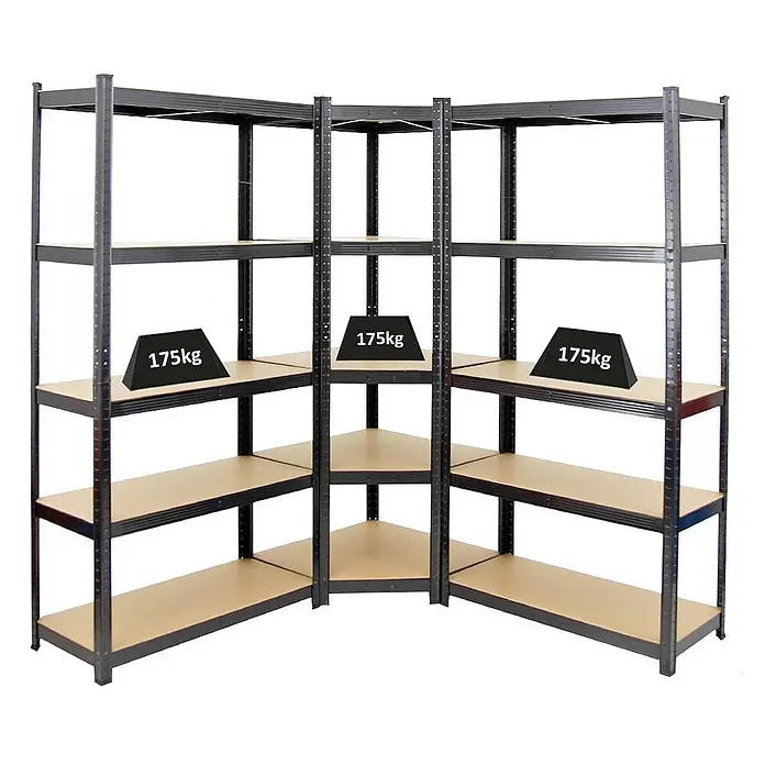 Proregal Eckregal Mega Deal Ragnar - H x B x T: 180 x 70 x 160 cm, Traglast pro Boden: 175 kg, Anzahl Böden: 5 Stk., Stecken, Schwarz - Eckregalsystem mit fünf Ablagen und einer Tragfähigkeit von 175 kg pro Ebene für Lager und Werkstatt.