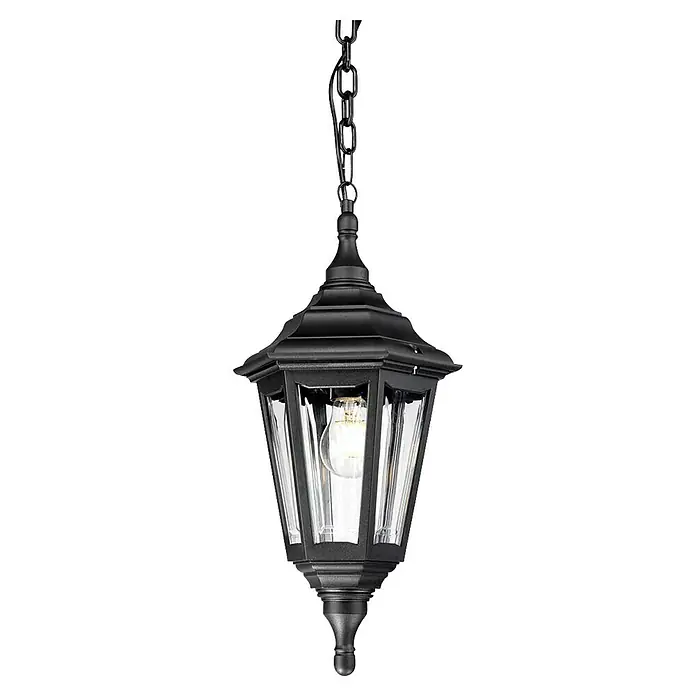 Elstead Pendelleuchte Kinsale - 60 W, Farbe Gehäuse: Schwarz, 23 x 23 x 63,5 cm, Ohne Leuchtmittel - Nahaufnahme einer eleganten schwarzen Hängelampe mit klaren Glasscheiben und einer warm leuchtenden Glühbirne.