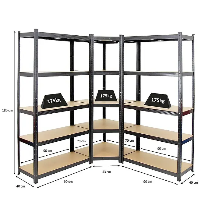 Proregal Eckregal Mega Deal Ragnar - H x B x T: 180 x 70 x 160 cm, Traglast pro Boden: 175 kg, Anzahl Böden: 5 Stk., Stecken, Schwarz - L-förmiges Schwerlastregal mit Maßen und Gewichtsangaben für den Heimgebrauch oder die Garage.