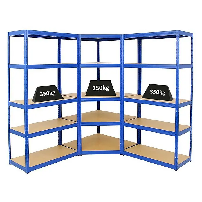 Proregal Eckregal Mega Deal + 2x Schwerlastregal Slim Elephant S - Traglast pro Boden: 250 kg, Anzahl Böden: 5 Stk., Stecken, Blau - Regaleinheit aus blauem Metall mit Holzregalen, die mit Gewichten von 250 kg und 350 kg belastet sind, ideal für Lager- und Organisationszwecke.