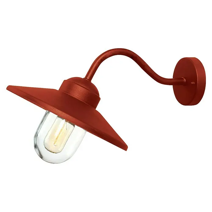 Elstead Außenwandleuchte Klampenborg - 60 W, 31,8 x 31,8 x 31,8 cm, Oxide Red, IP44 - Eine rote Außenwandleuchte mit einem klaren Lampenschirm und einem nostalgischen Glühfaden, die eine warme Atmosphäre erzeugt.