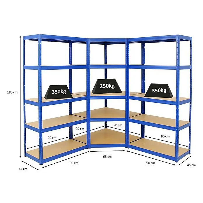 Proregal Eckregal Mega Deal + 2x Schwerlastregal Slim Elephant S - Traglast pro Boden: 250 kg, Anzahl Böden: 5 Stk., Stecken, Blau - Blaues Eckregal mit fünf Ebenen und Gewichtsangaben, das Stabilität und Organisation in Lager oder Werkstatt bringt.